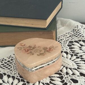 Vintage Pink Heart-Shaped alabaster Floral Jewelry Trinket Hinged Box  roses